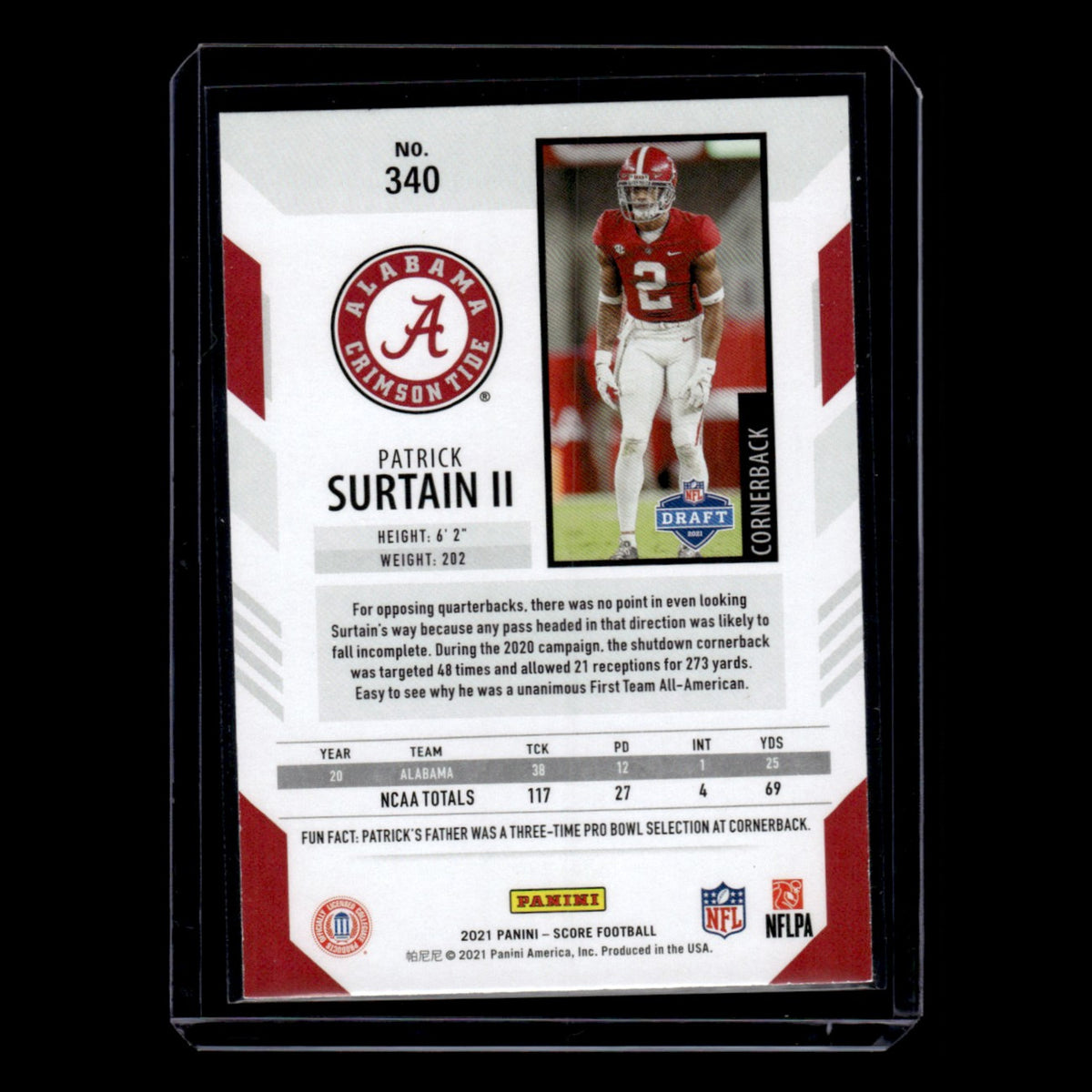 Patrick Surtain II Rookie #340 2021 Score Alabama Crimson Tide Football Card NFL