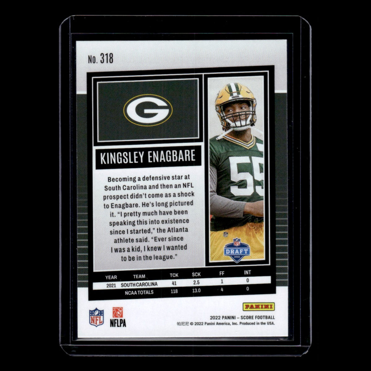 Kingsley Enagbare Rookie #318 2022 Score Green Bay Packers Football Card NFL NM