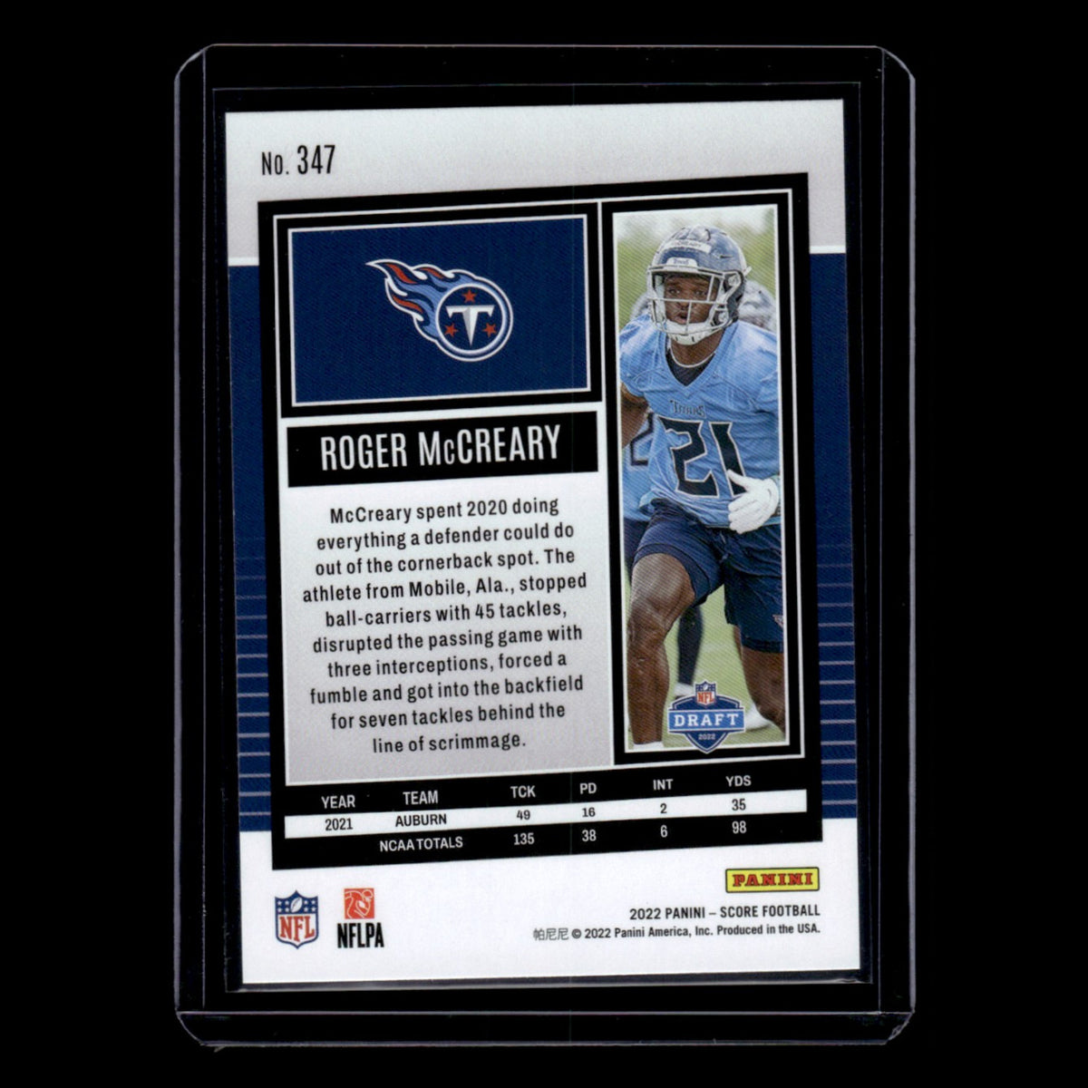 Roger McCreary Rookie #347 2022 Score Tennessee Titans Football Card NFL NM