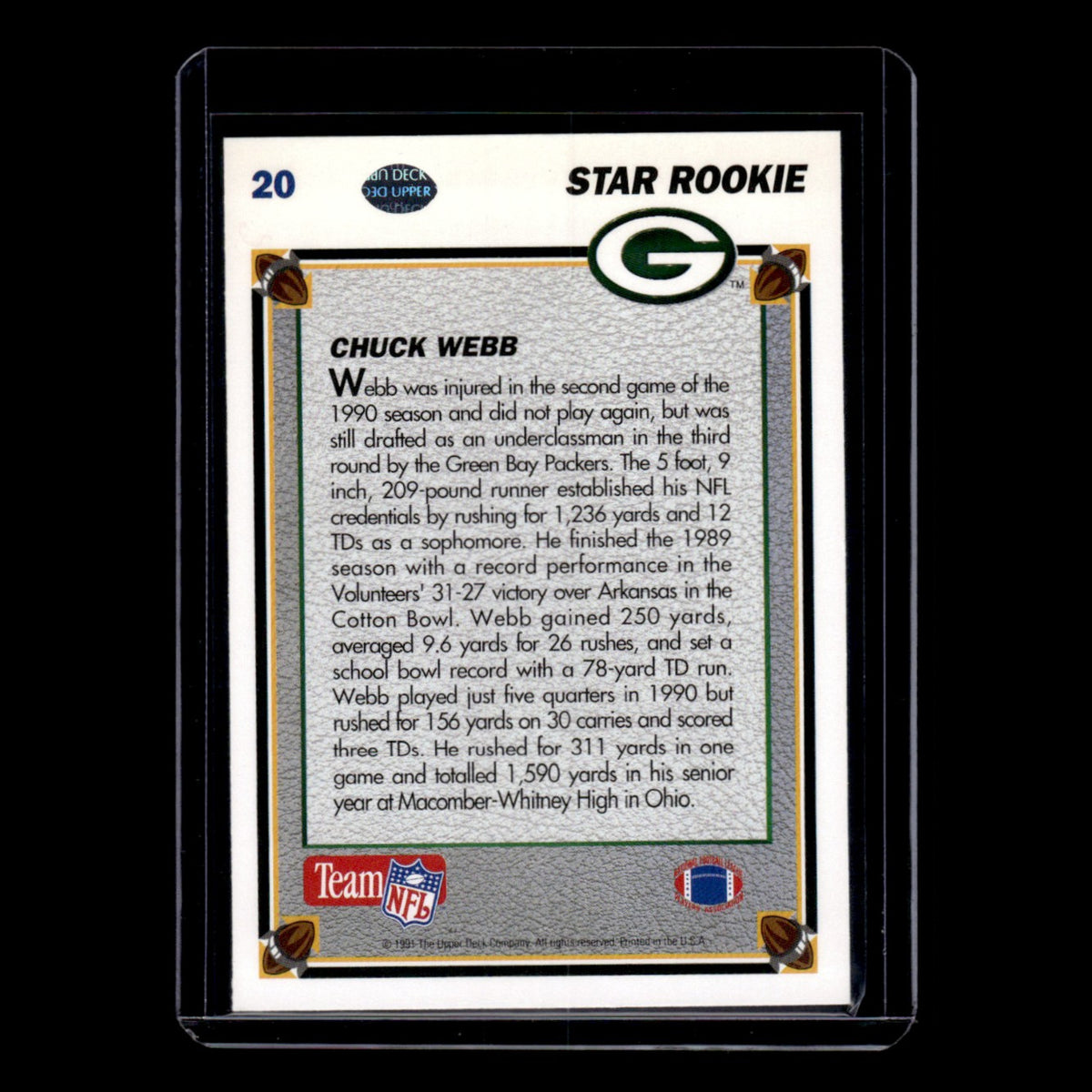 Chuck Webb Rookie #20 1991 Upper Deck Green Bay Packers Football Card NFL NM