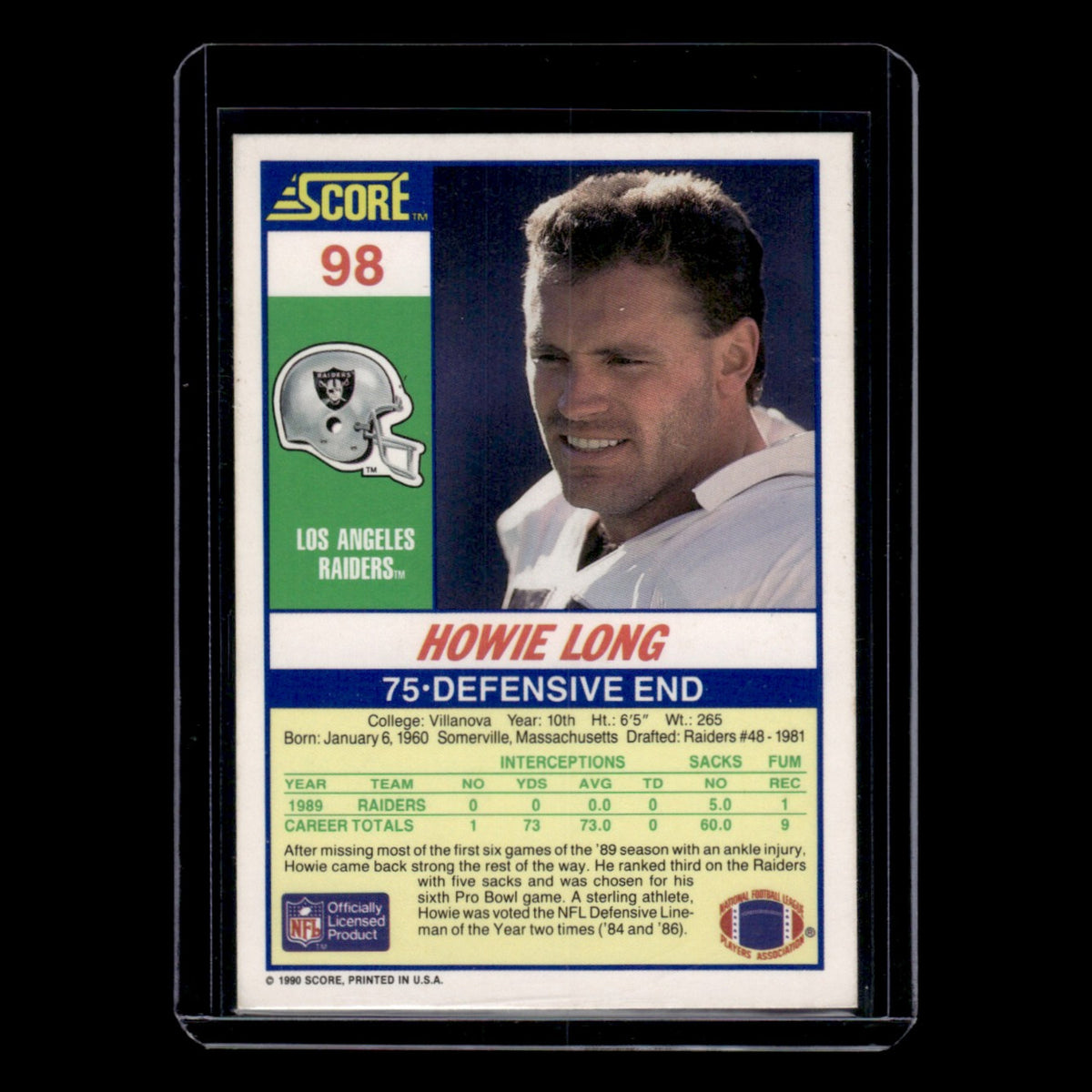 Howie Long #98 1990 Score Los Angeles Raiders Football Card NFL NM
