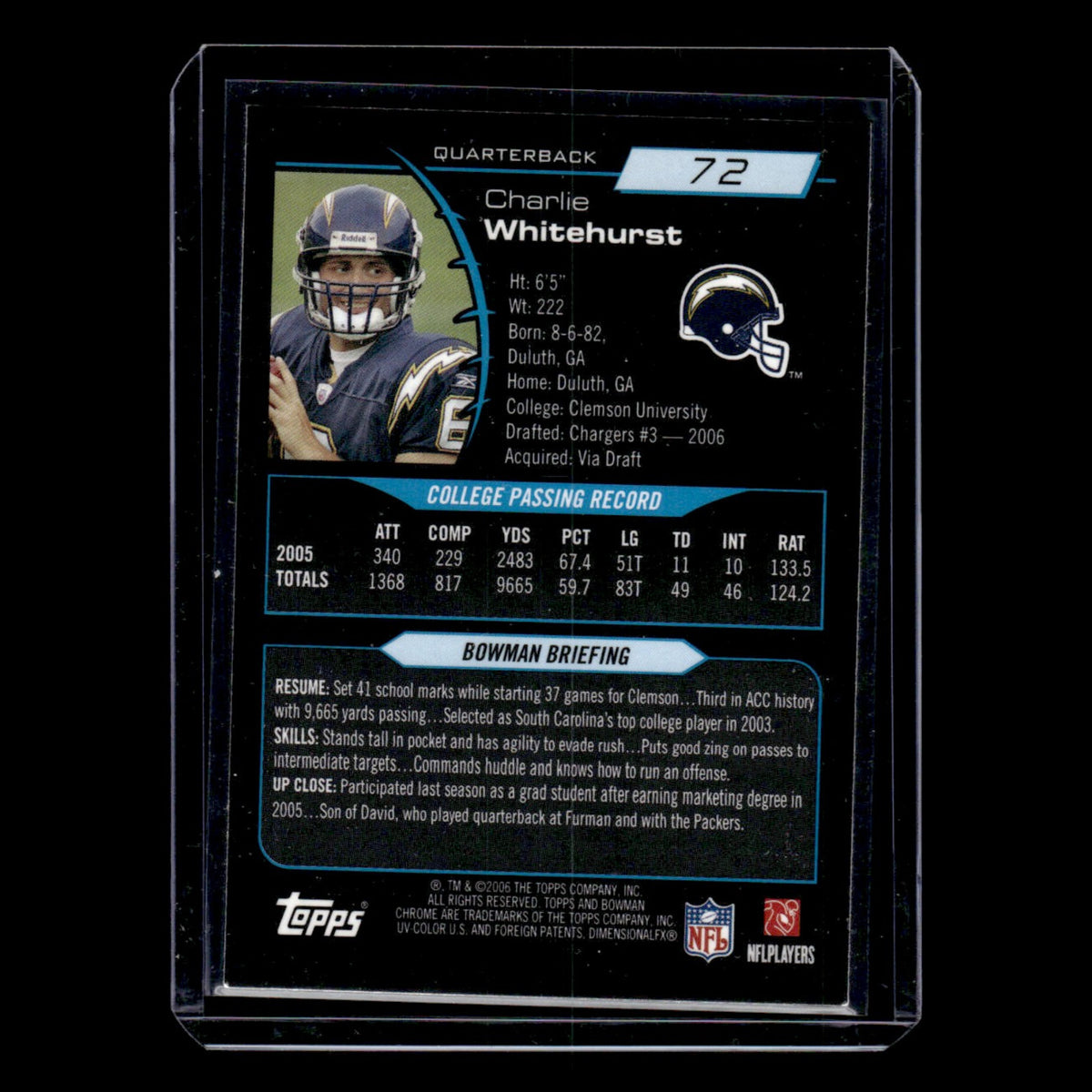 Charlie Whitehurst Rookie #72 2006 Bowman Chrome San Diego Chargers Football NFL