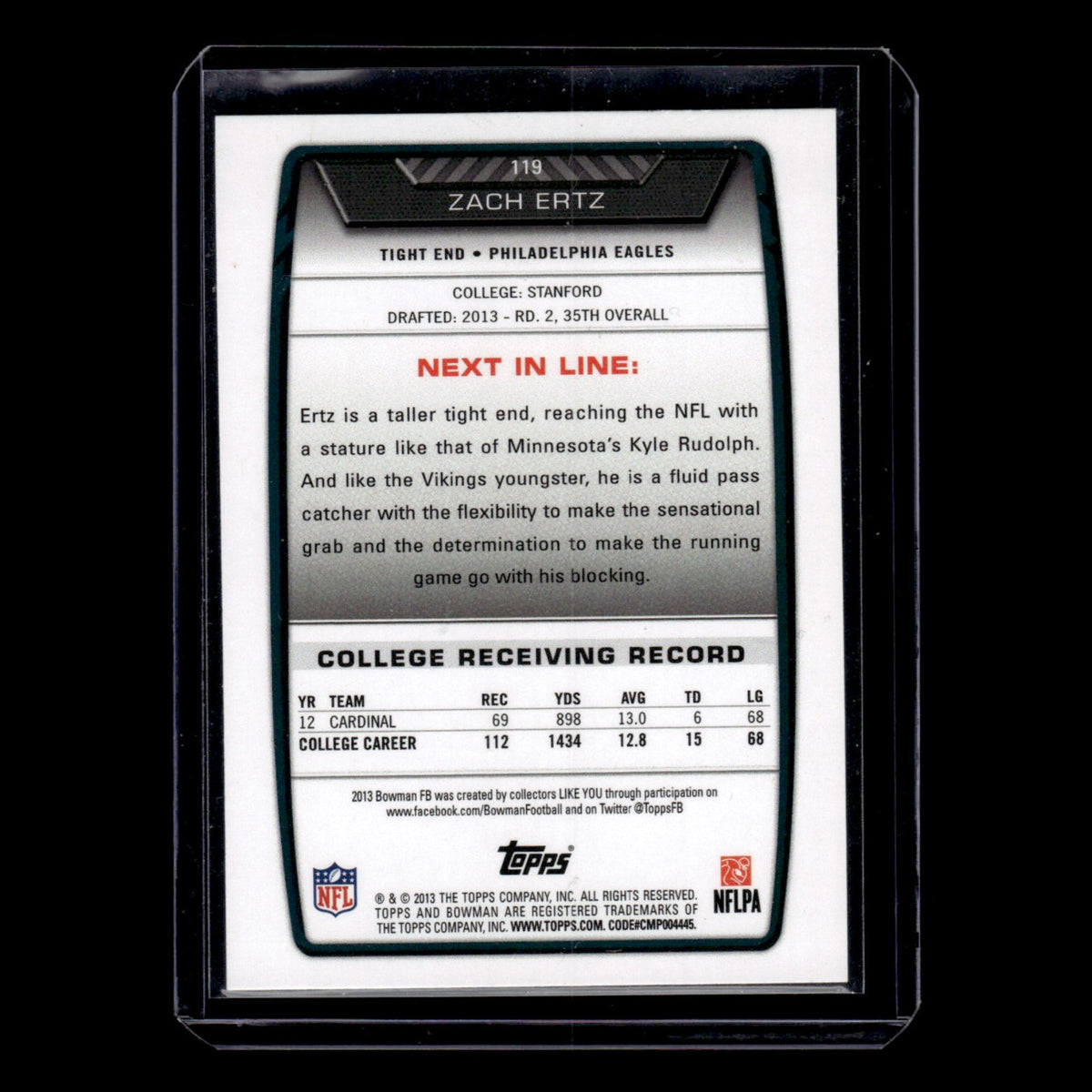Zach Ertz Rookie #119 2013 Bowman Philadelphia Eagles Football Card NFL NM
