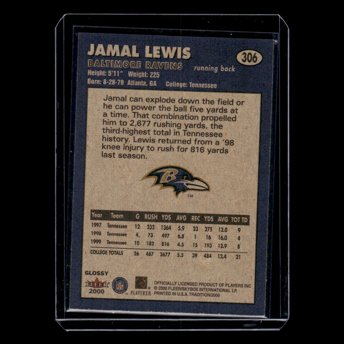 Jamal Lewis Rookie #306 2000 Fleer Tradition Baltimore Ravens Football Card NFL