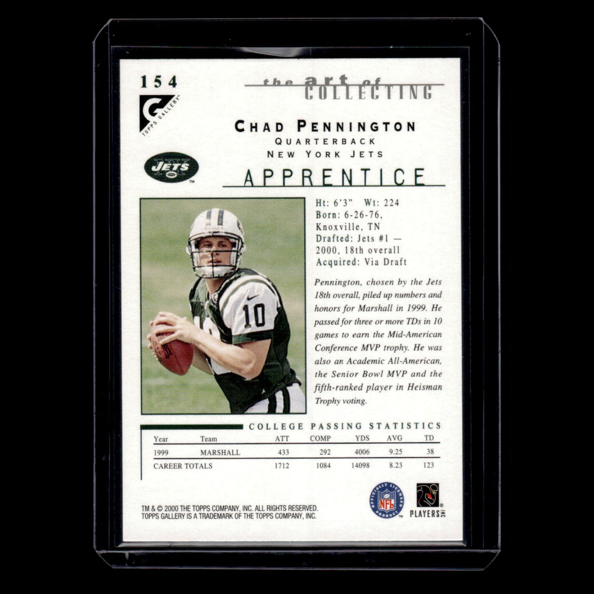 Chad Pennington Rookie #154 2000 Topps Gallery New York Jets Football Card NFL