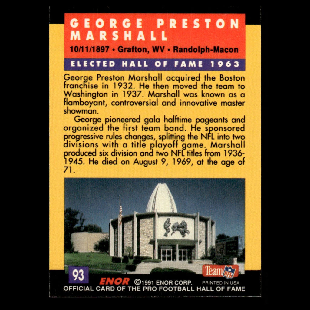 George Preston Marshall #93 1991 ENOR Pro Football HOF Football Card NFL NM