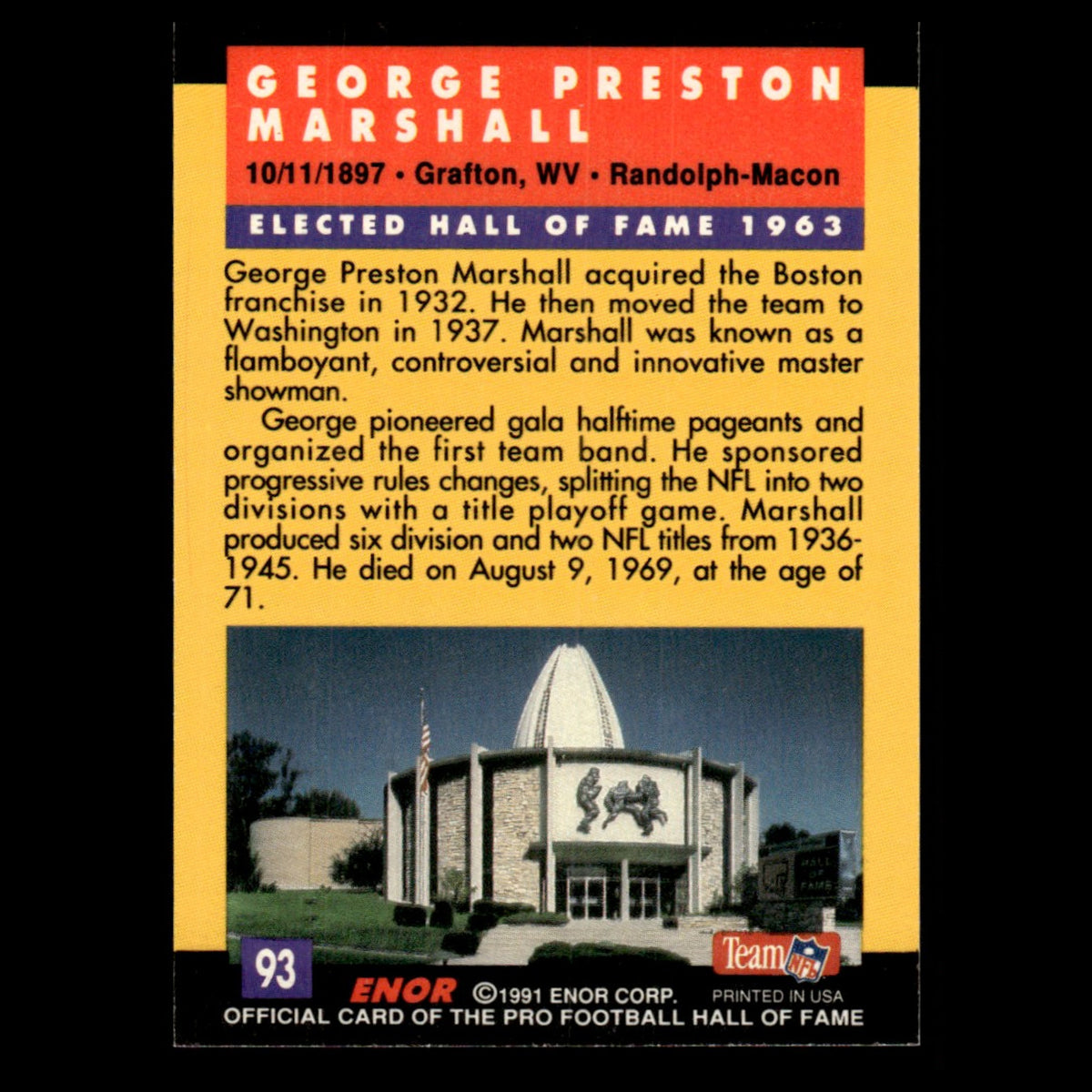 George Preston Marshall #93 1991 ENOR Pro Football HOF Football Card NFL NM