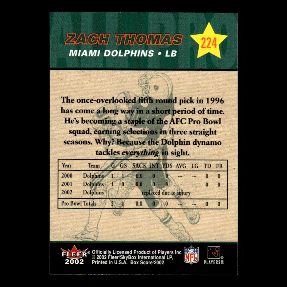 Zach Thomas #224 2002 Fleer Box Score Miami Dolphins Football Card NFL NM
