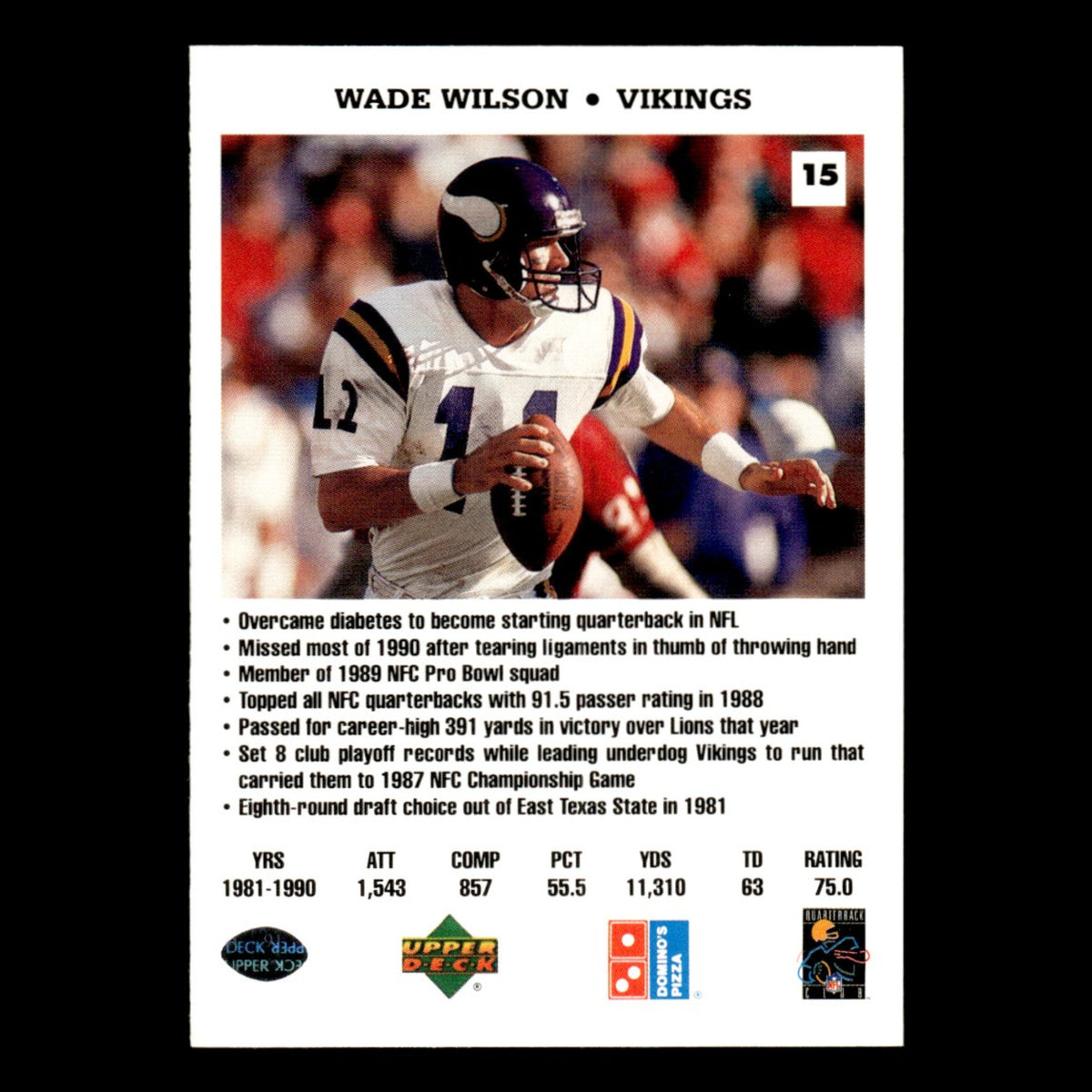 Wade Wilson #15 1991 Upper Deck Dominos Quarterback Challenge Minnesota Vikings