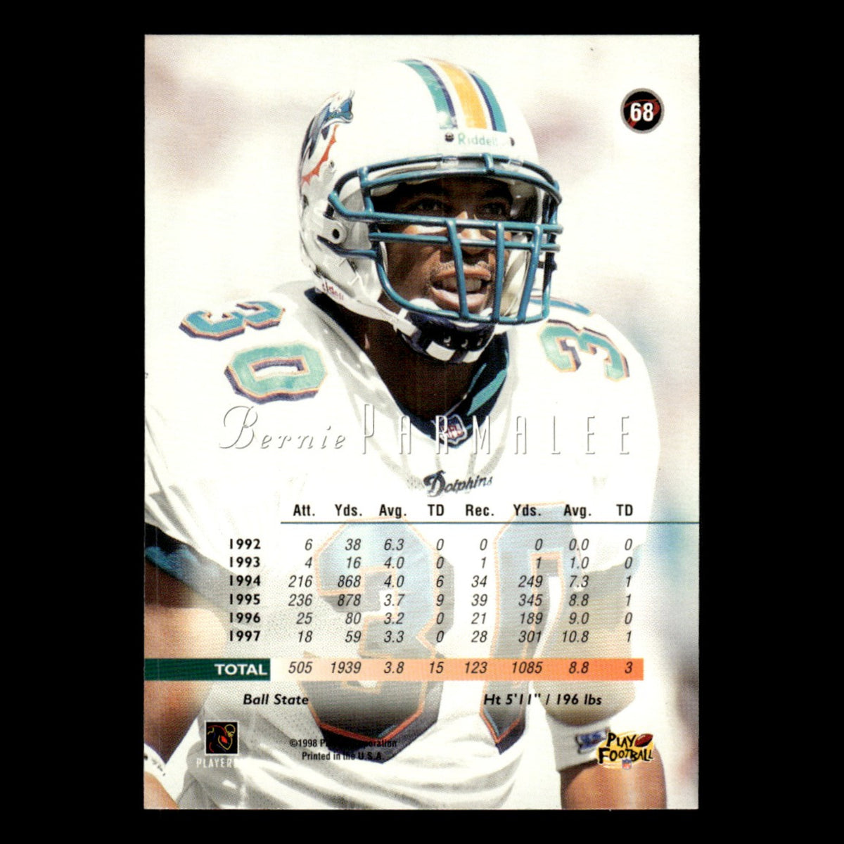 Bernie Parmalee #68 1998 Playoff Prestige Miami Dolphins Football Card NFL NM