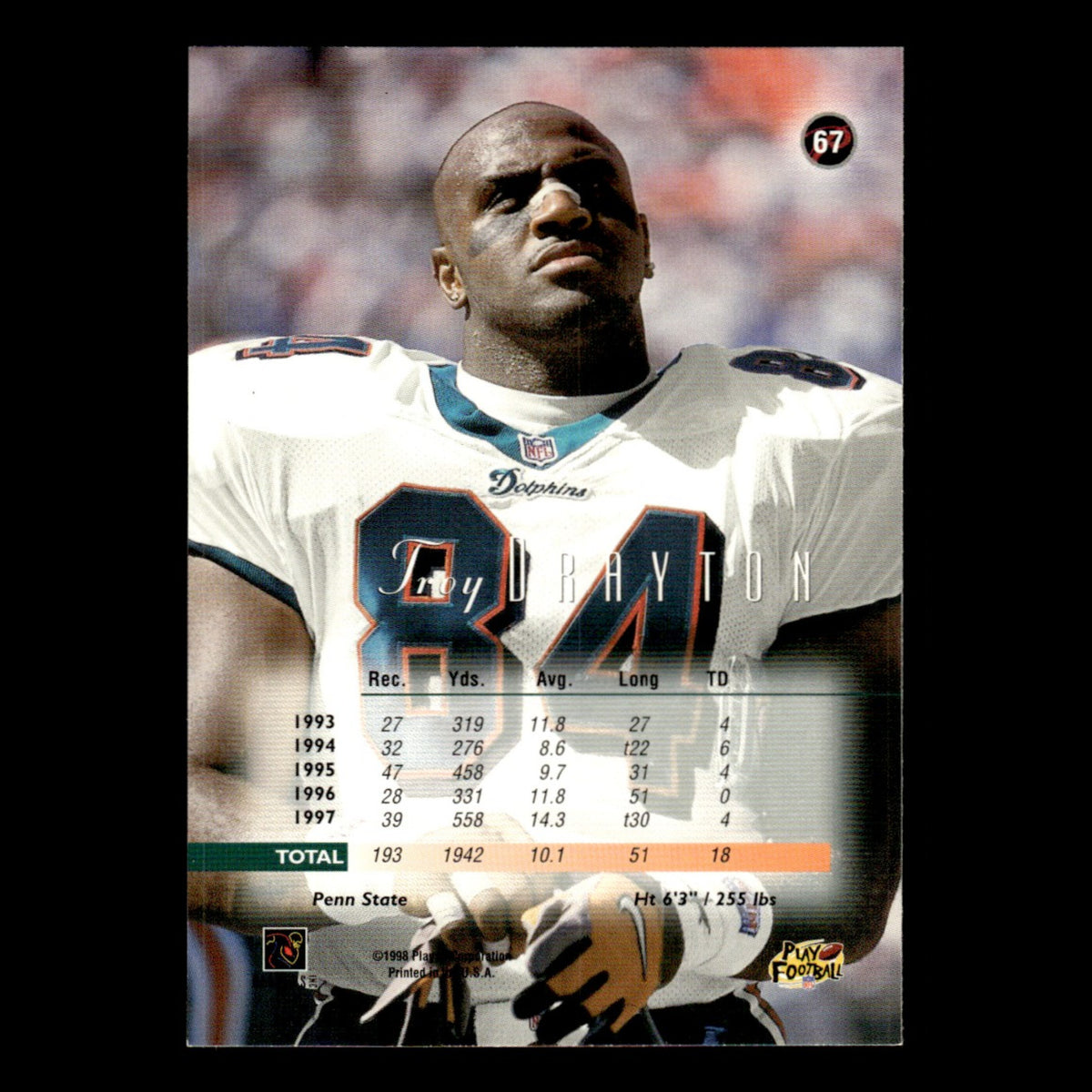Troy Drayton #67 1998 Playoff Prestige Miami Dolphins Football Card NFL NM