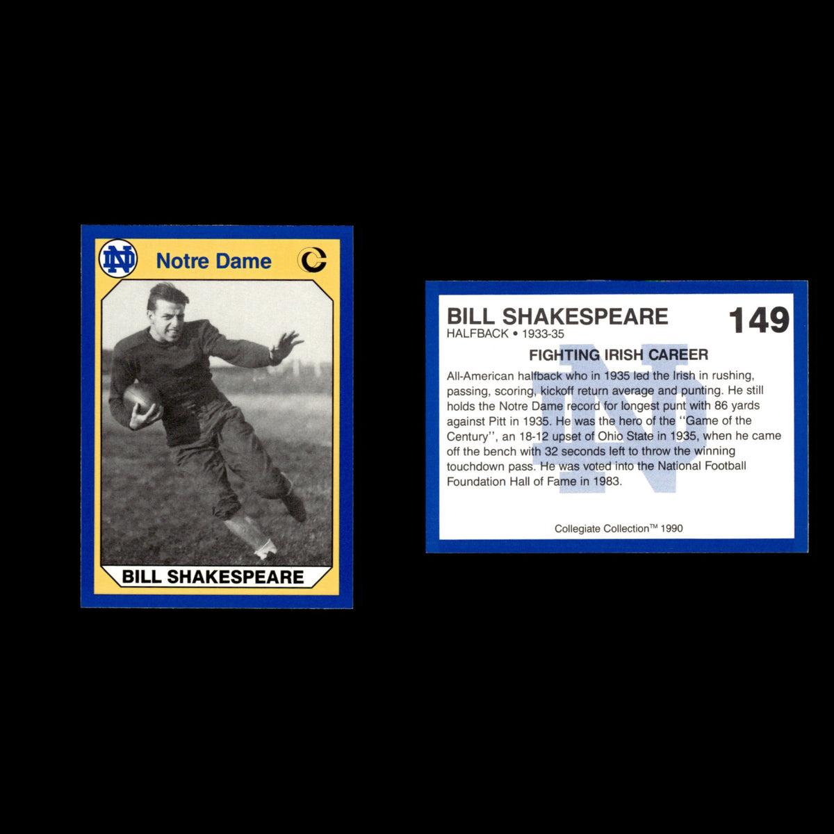 Bill Shakespeare #149 1990 Collegiate Collection Notre Dame Football Card NFL NM