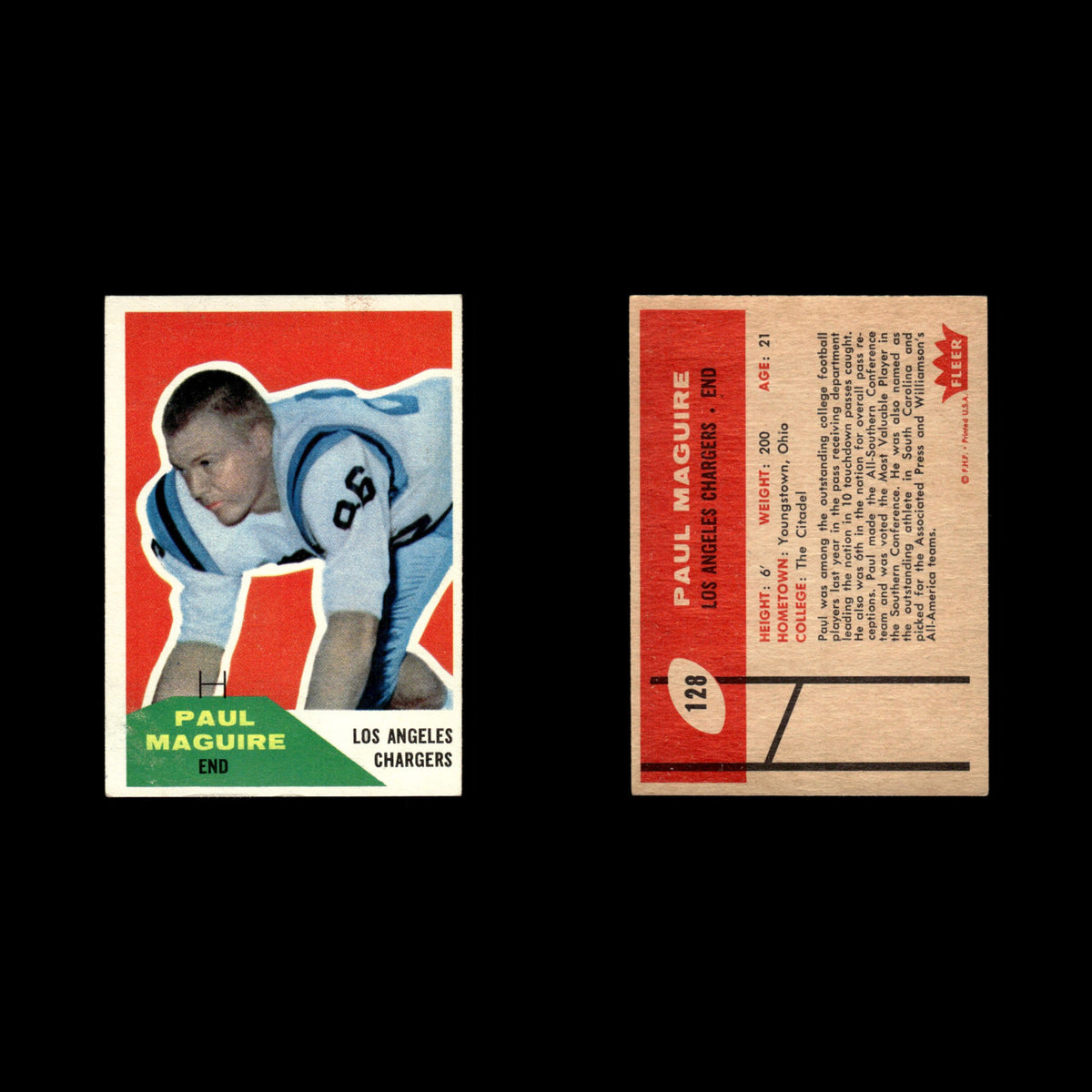 Paul Maguire Rookie #128 1960 Fleer Los Angeles Chargers Football Card NFL EX