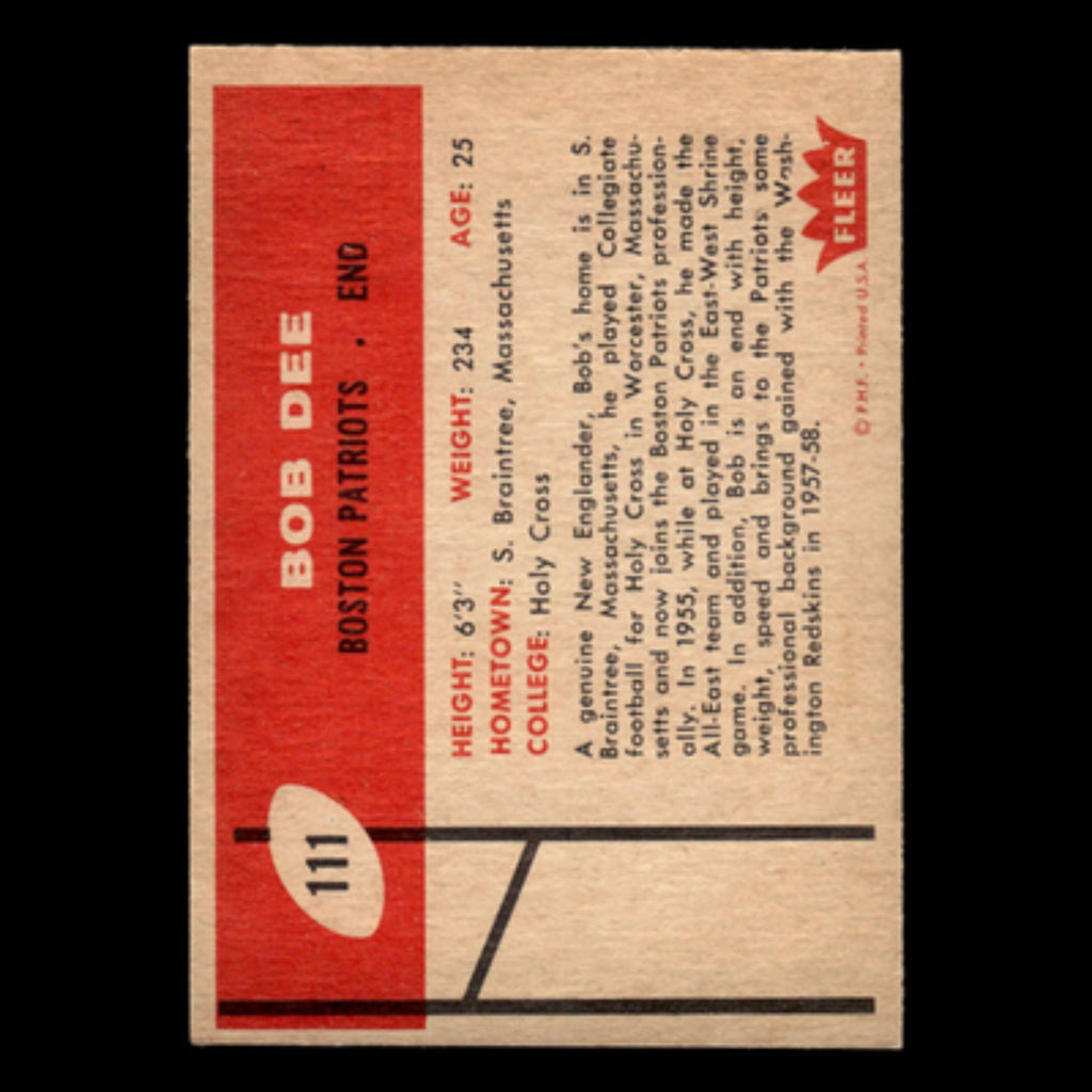 Bob Dee Rookie #111 1960 Fleer Boston Patriots Football Card NFL NM