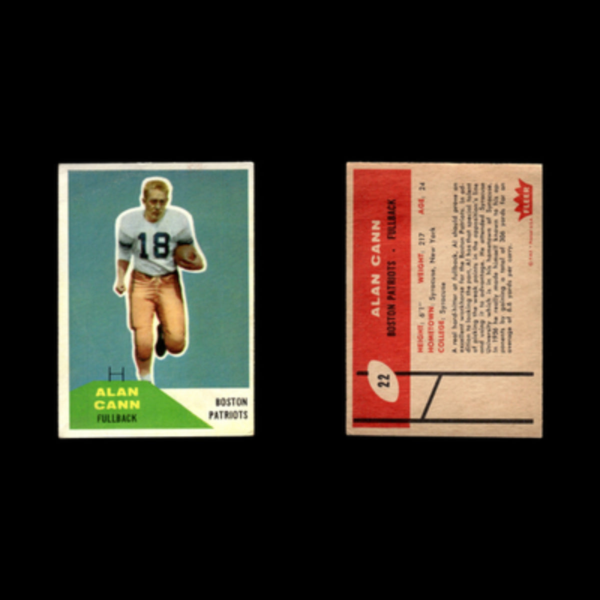 Alan Cann #22 1960 Fleer Boston Patriots Football Card NFL EX