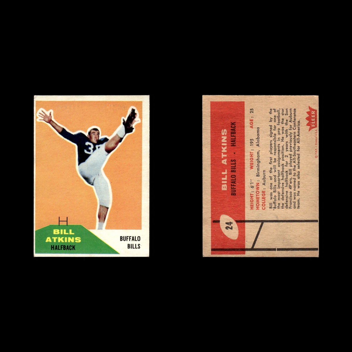 Bill Atkins #24 1960 Fleer Buffalo Bills Football Card NFL NM