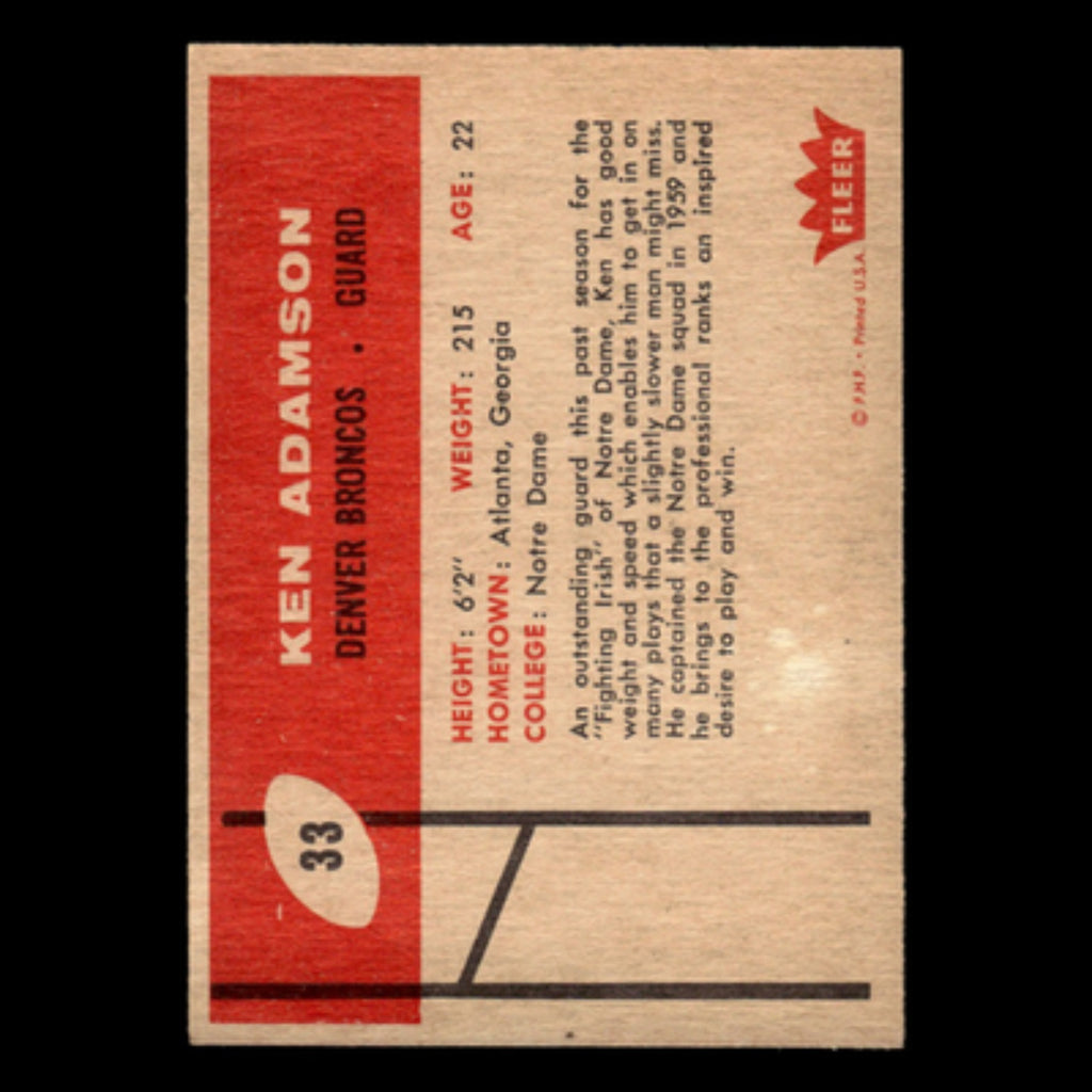 Ken Adamson #33 1960 Fleer Denver Broncos Football Card NFL NM