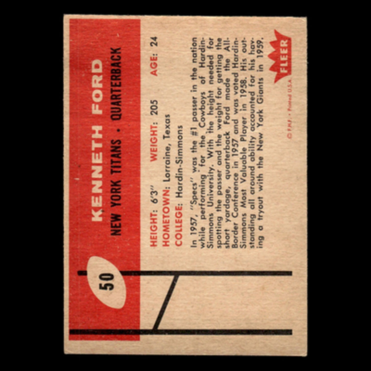 Kenneth Ford #50 1960 Fleer New York Titans Football Card NFL VG
