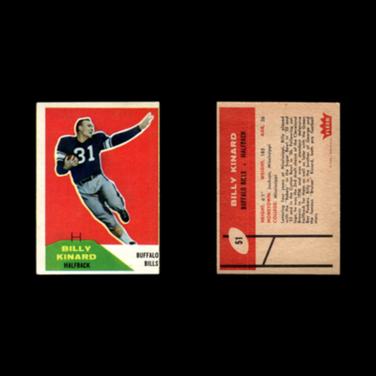 Billy Kinard #51 1960 Fleer Buffalo Bills Football Card NFL NM