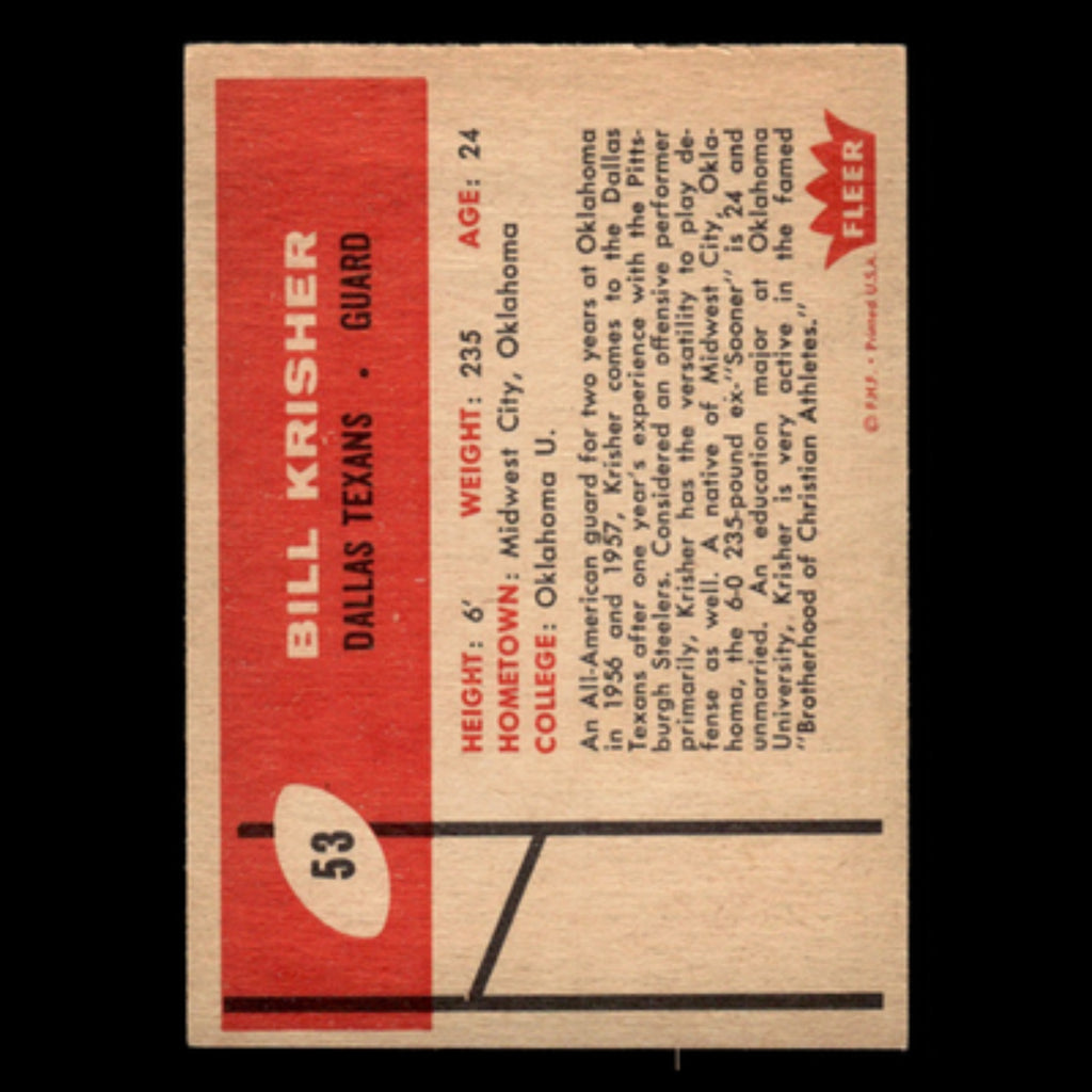 Bill Krisher #53 1960 Fleer Dallas Texans Football Card NFL NM