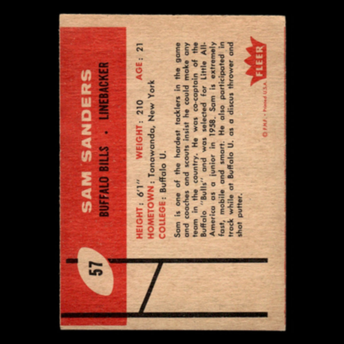 Sam Sanders #57 1960 Fleer Buffalo Bills Football Card NFL NM
