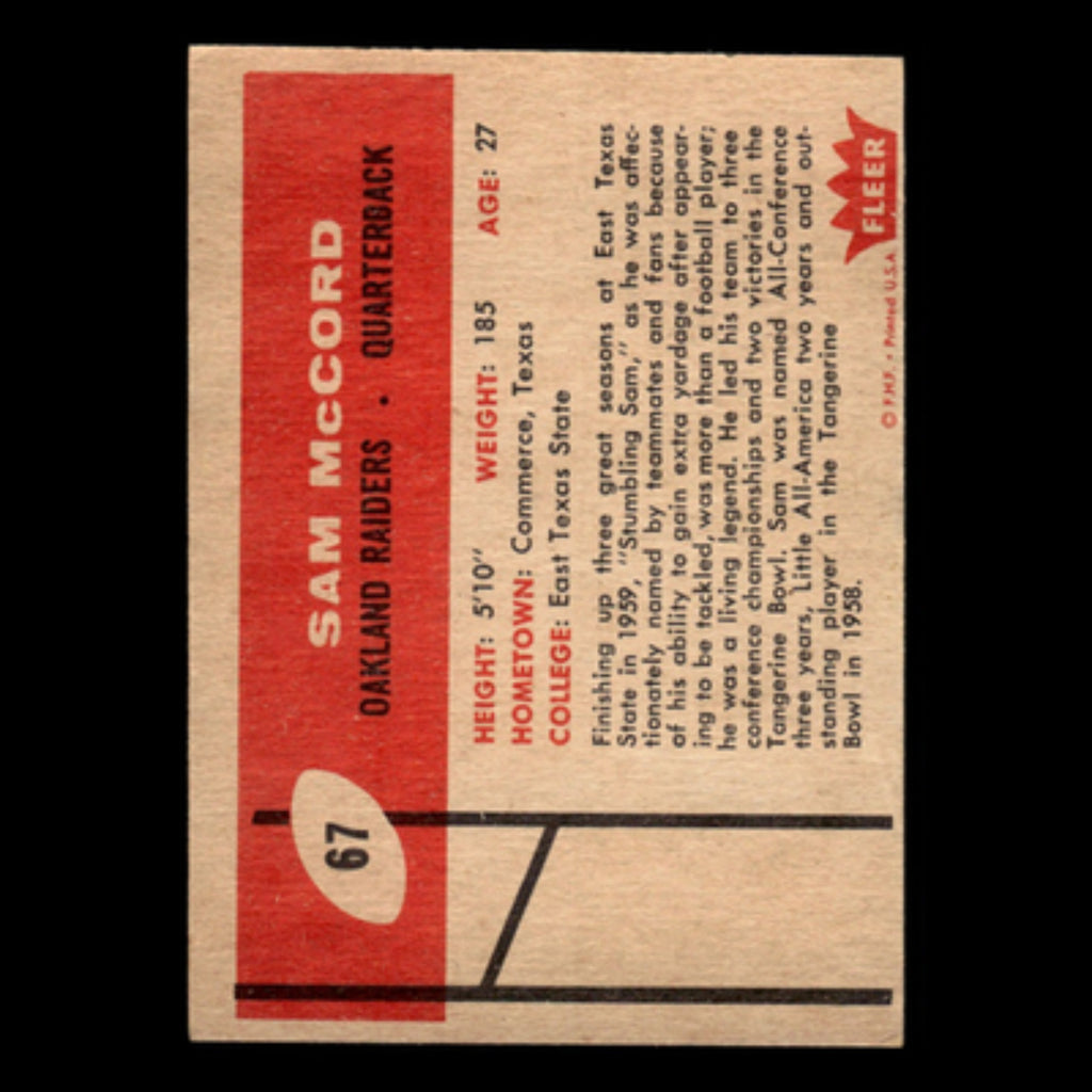 Sam McCord #67 1960 Fleer Oakland Raiders Football Card NFL NM