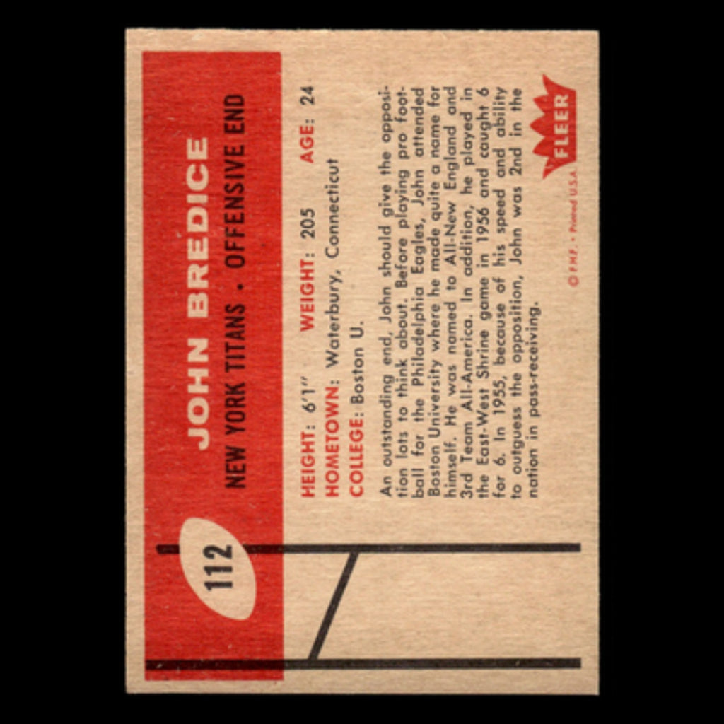 John Bredice #112 1960 Fleer New York Titans Football Card NFL NM