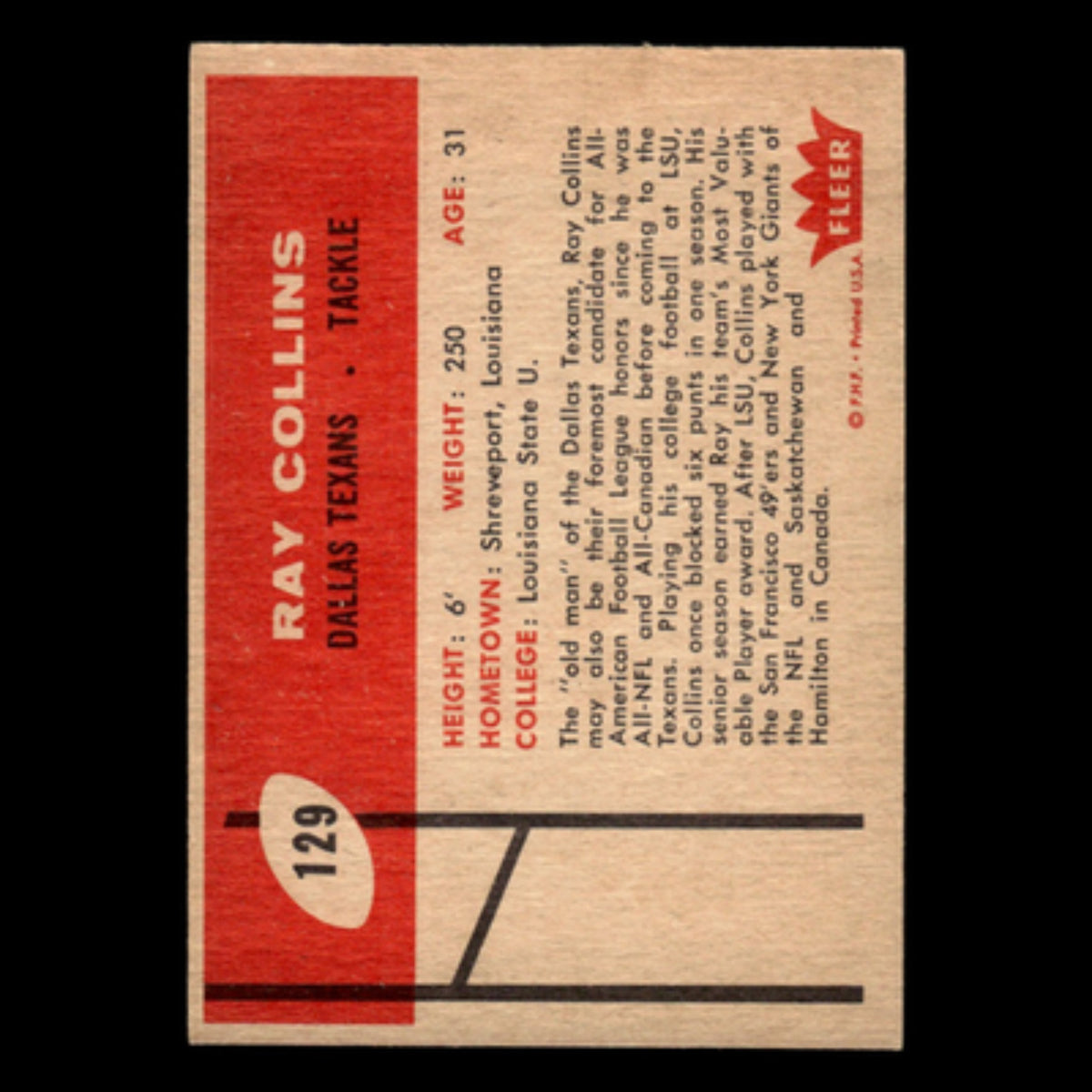 Ray Collins #129 1960 Fleer Dallas Texans Football Card NFL NM