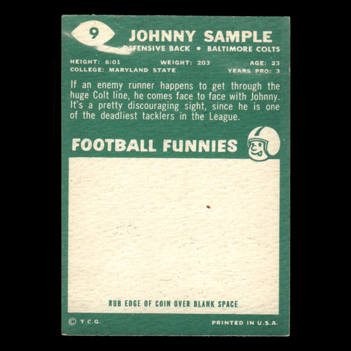 Johnny Sample #9 1960 Topps Baltimore Colts Football Card NFL EX
