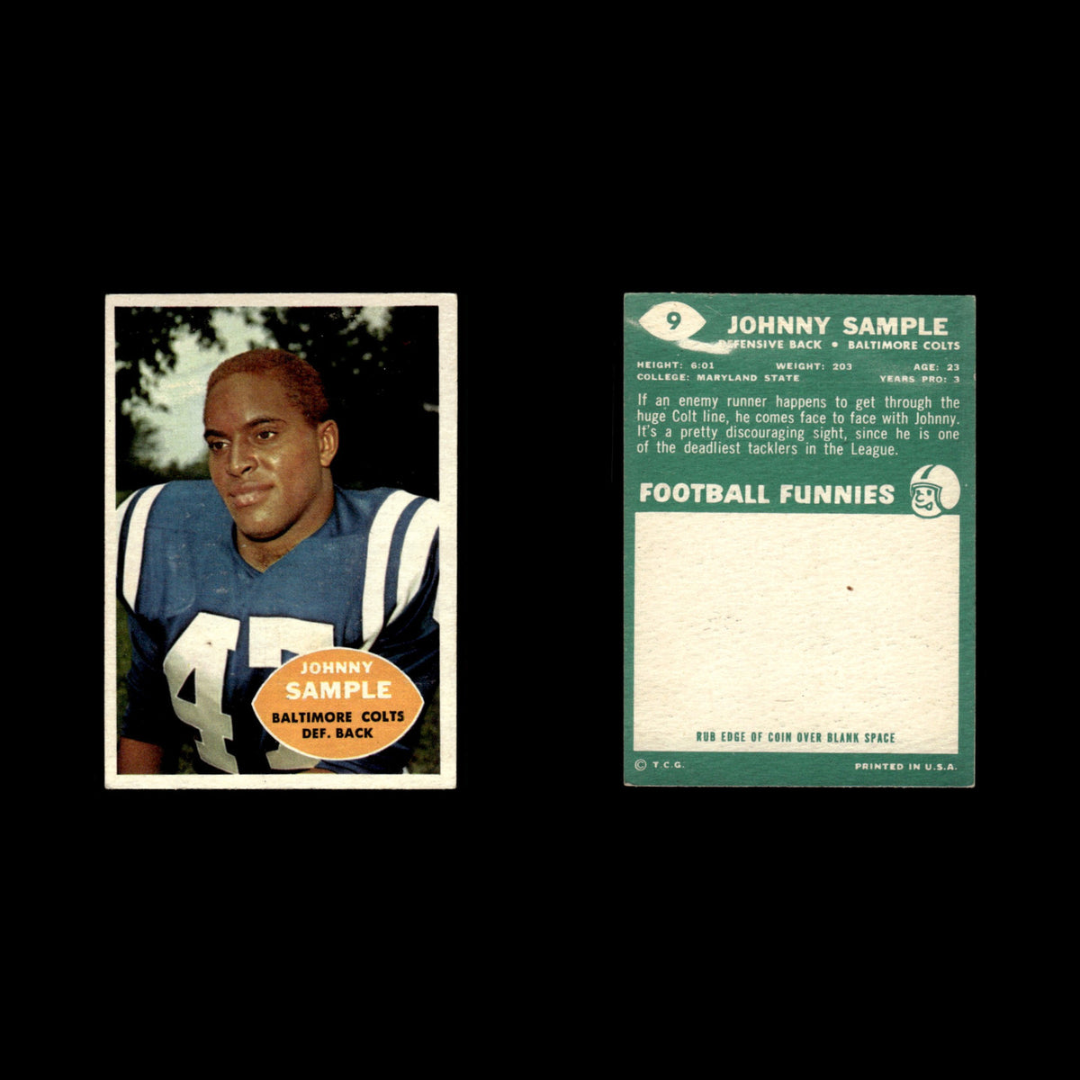 Johnny Sample #9 1960 Topps Baltimore Colts Football Card NFL EX