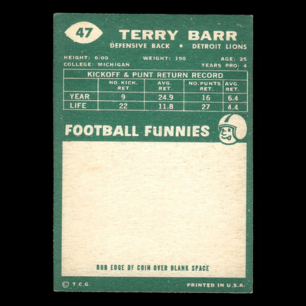 Terry Barr #47 1960 Topps Detroit Lions Football Card NFL EX
