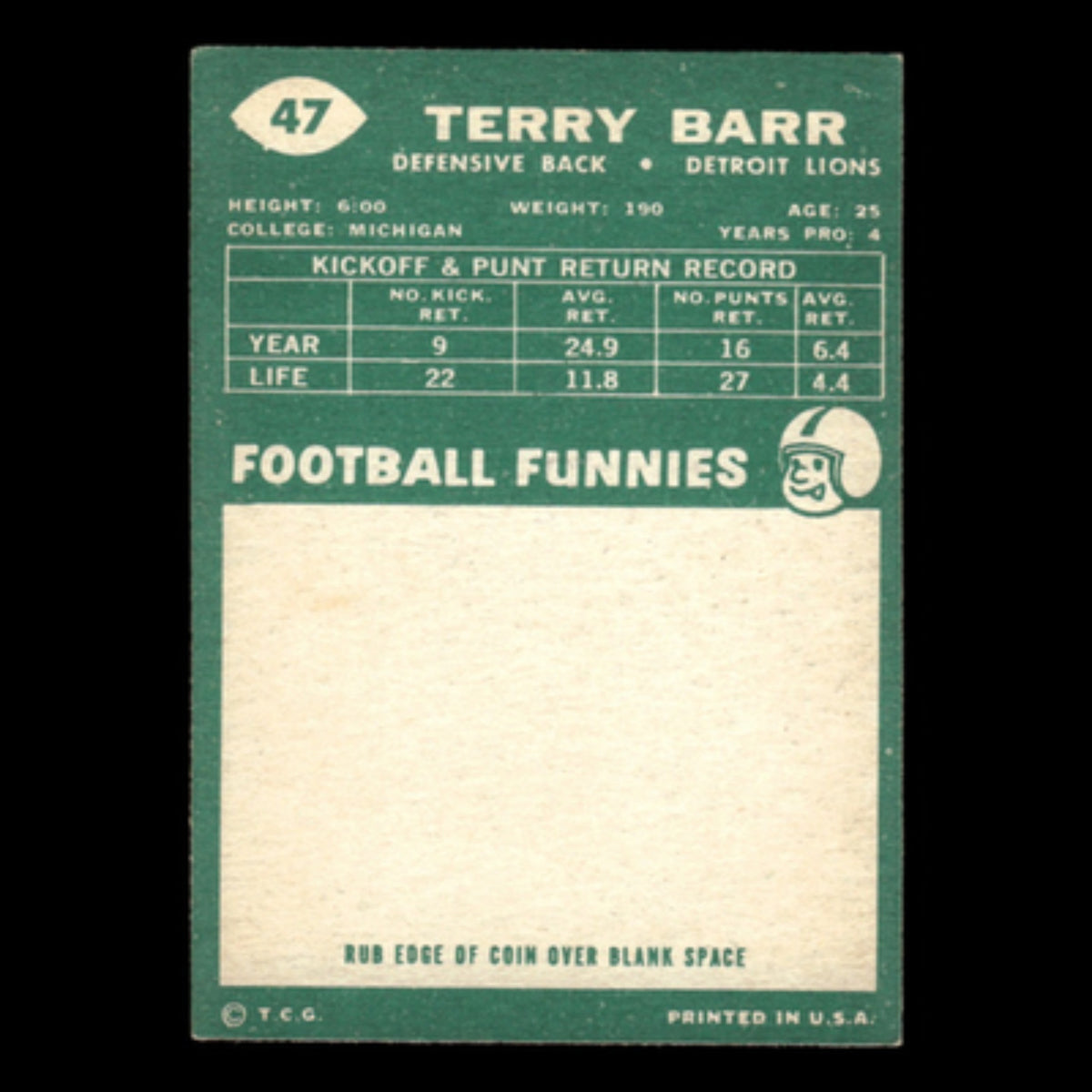 Terry Barr #47 1960 Topps Detroit Lions Football Card NFL EX