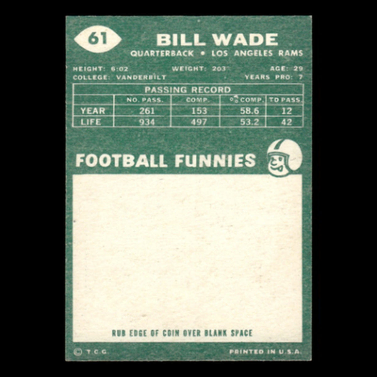 Bill Wade #61 1960 Topps Los Angeles Rams Football Card NFL EX