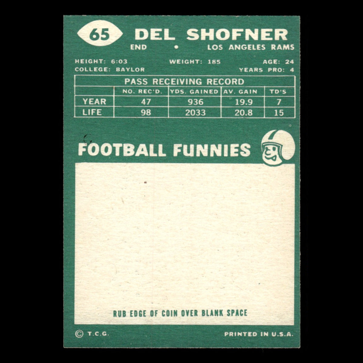 Del Shofner #65 1960 Topps Los Angeles Rams Football Card NFL EX