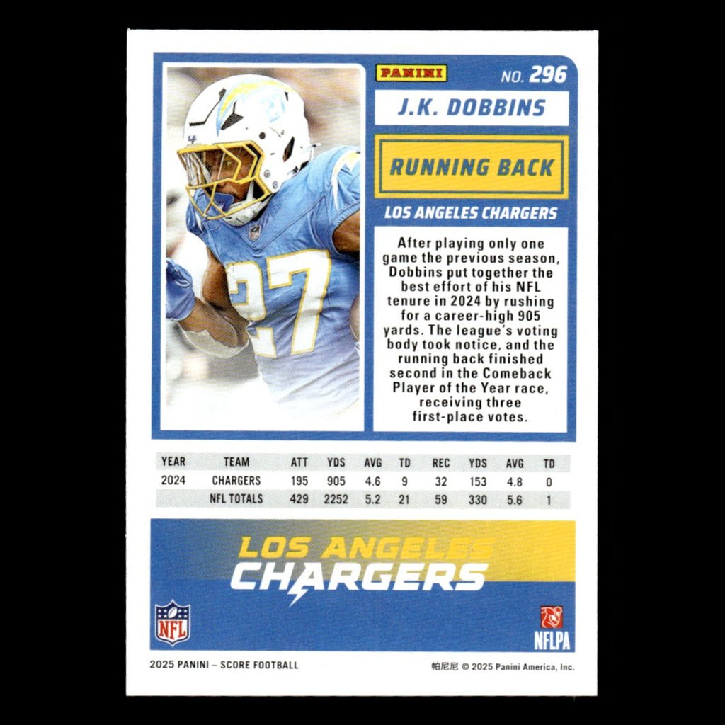 J.K. Dobbins #296 2025 Score Los Angeles Chargers Football Card NFL NM