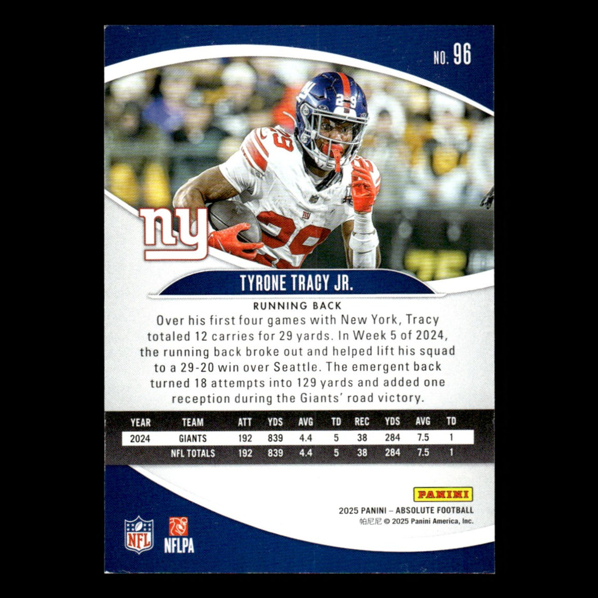 Tyrone Tracy Jr. #96 2025 Panini Absolute New York Giants Football Card NFL NM