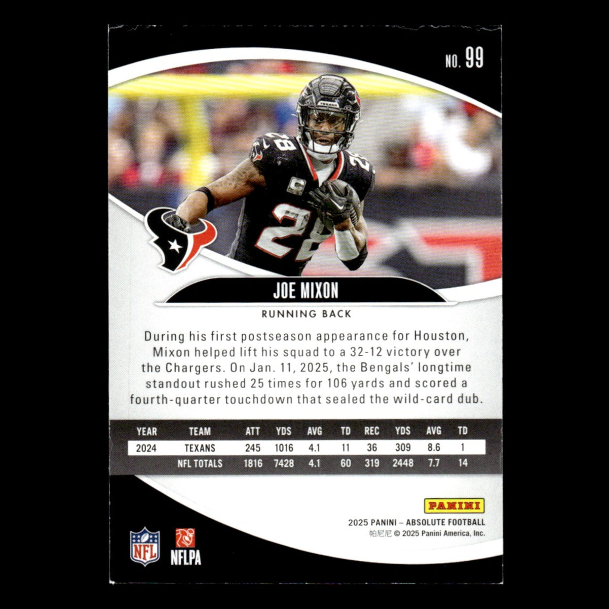 Joe Mixon #99 2025 Panini Absolute Houston Texans Football Card NFL NM