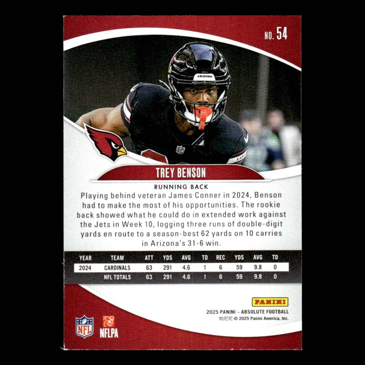 Trey Benson #54 2025 Panini Absolute Arizona Cardinals Football Card NFL NM