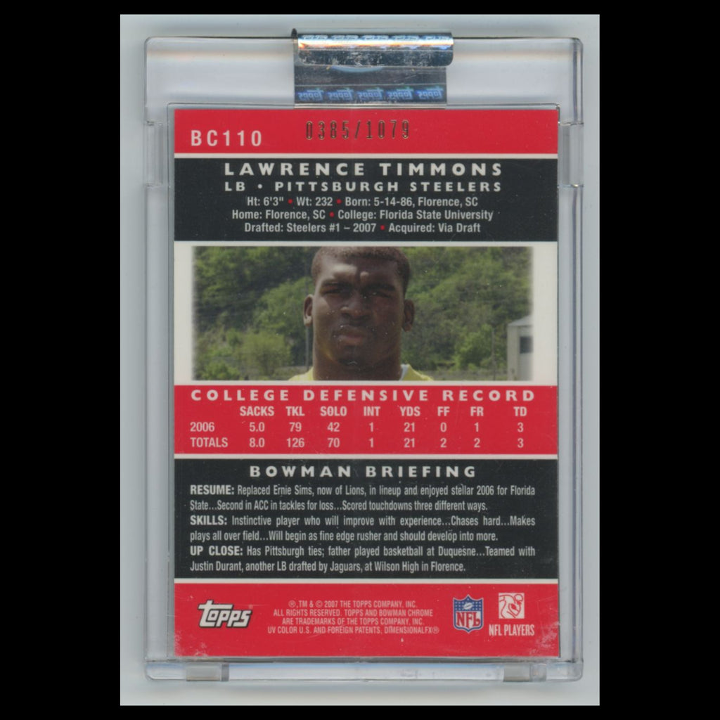 Lawrence  Timmons Rookie /1079 #BC110 2007 Bowman Chrome Uncirculated Steelers