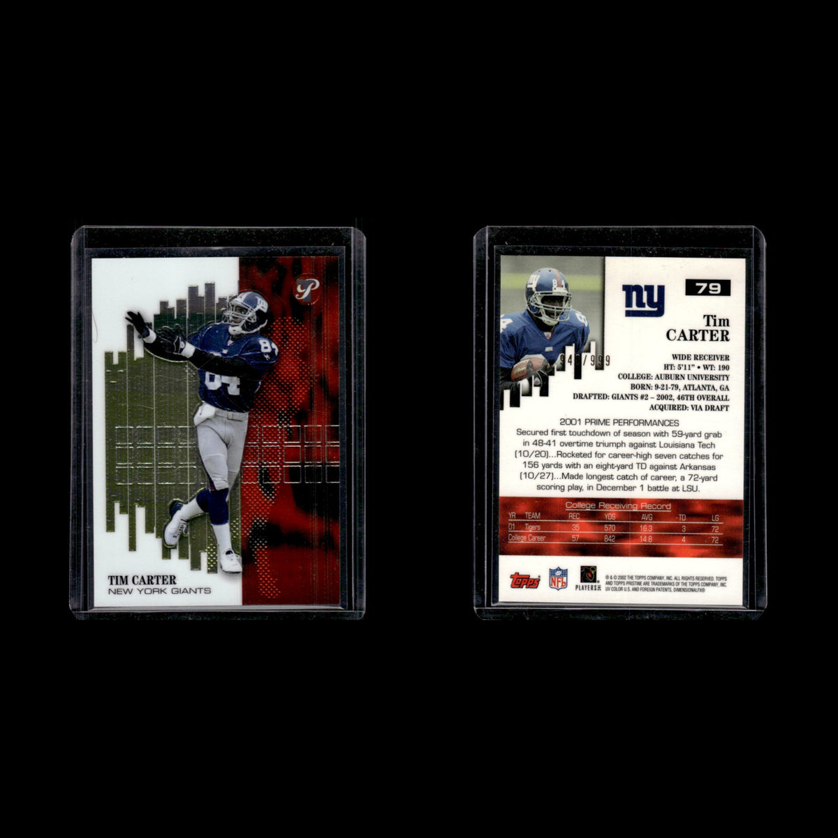 Tim Carter /999 #79 2002 Topps Pristine New York Giants Football Card NFL NM