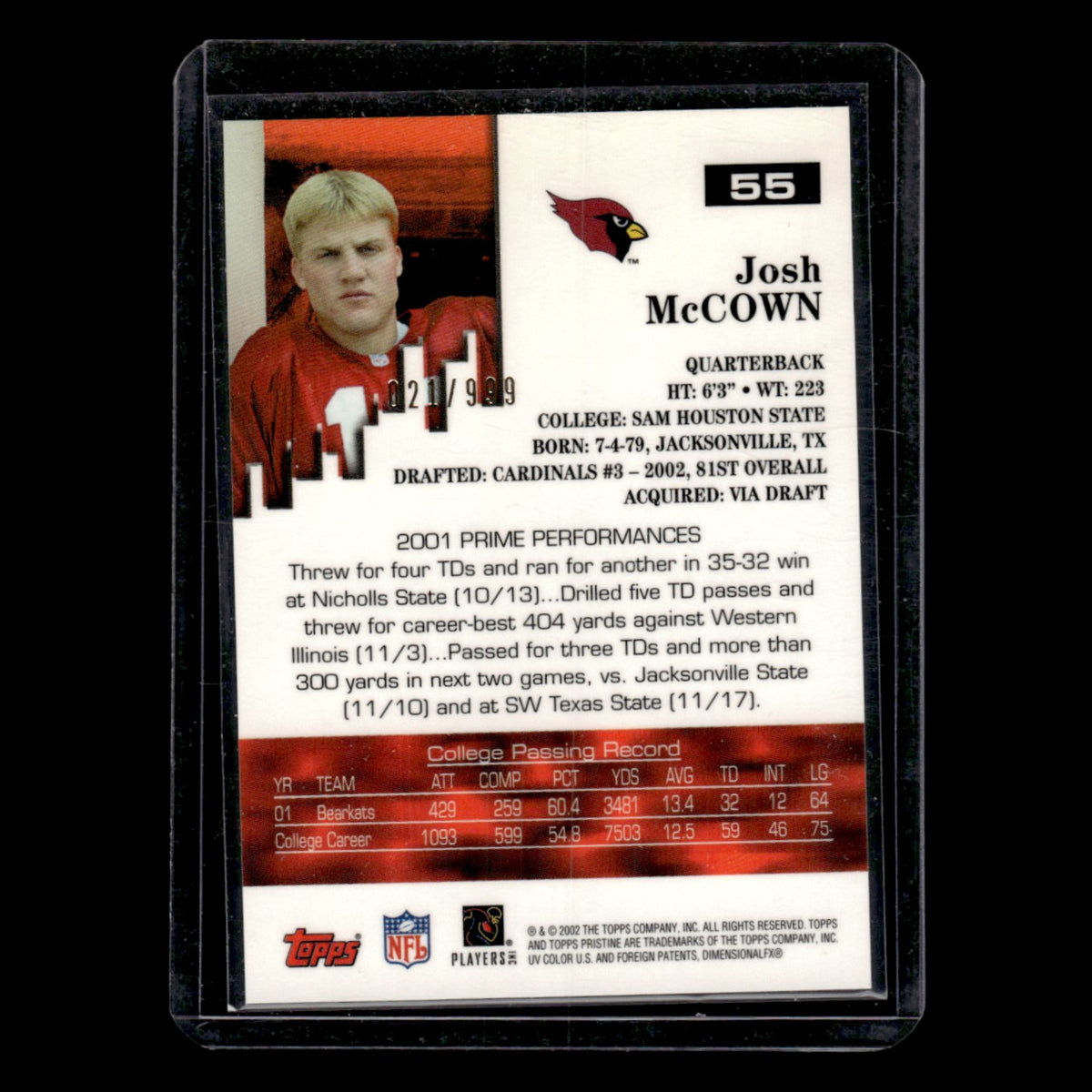 Josh McCown /999 #55 2002 Topps Pristine Arizona Cardinals Football Card NFL NM