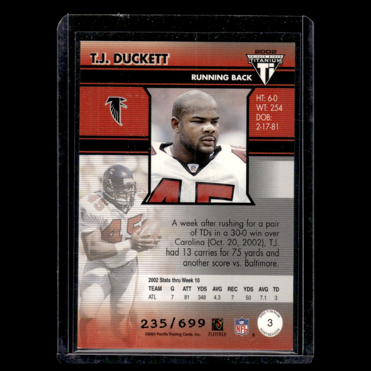 T.J. Duckett Rookie /699 #3 2002 Titanium Postseason Private Stock Falcons Card