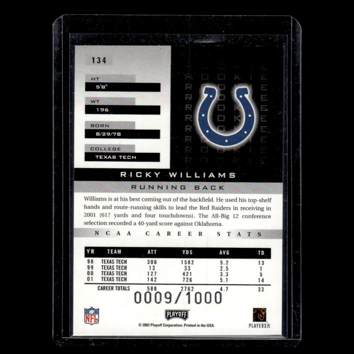Ricky Williams Rookie /1000 #134 2002 Playoff Honors Indianapolis Colts Football