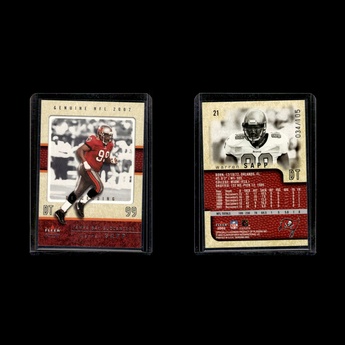 Warren Sapp /105 #21 2002 Fleer Genuine Tampa Bay Buccaneers Football Card NFL