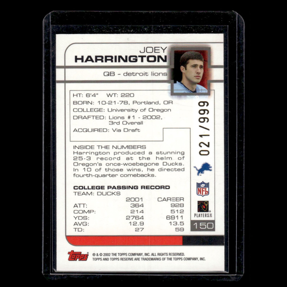 Joey Harrington Rookie /999 #150 2002 Topps Reserve Detroit Lions Football Card