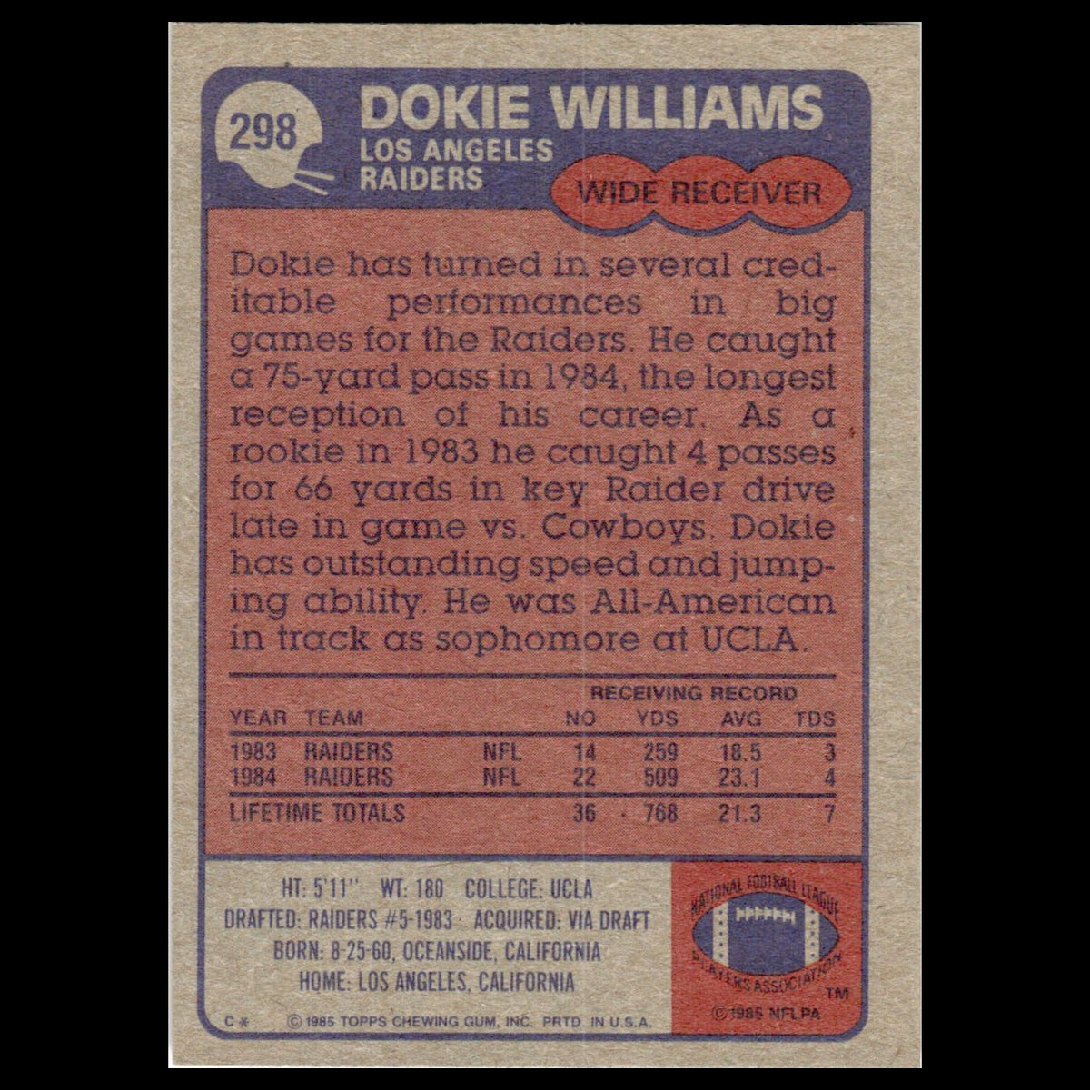 Dokie Williams #298 1985 Topps Los Angeles Raiders Football Card NFL NM