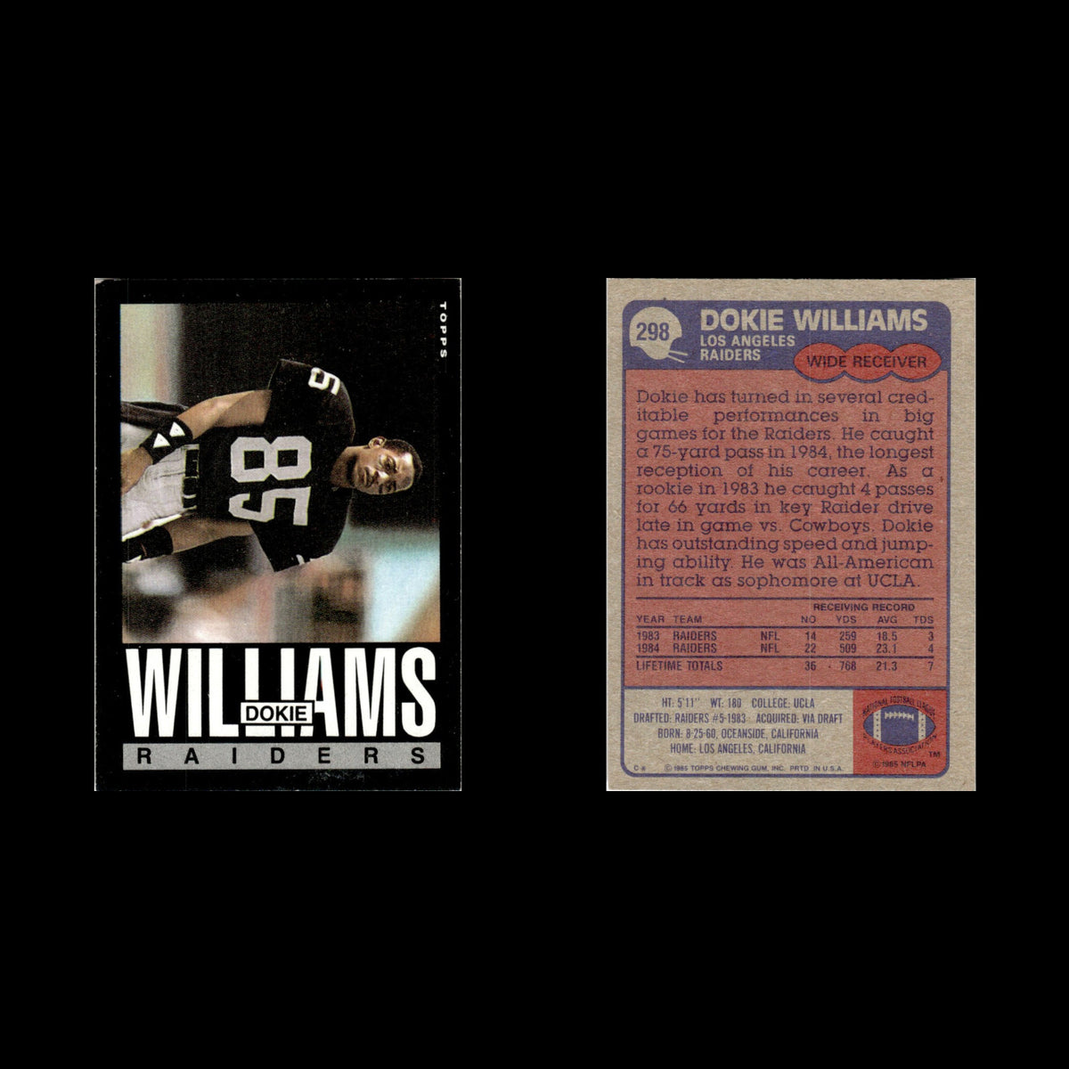 Dokie Williams #298 1985 Topps Los Angeles Raiders Football Card NFL NM