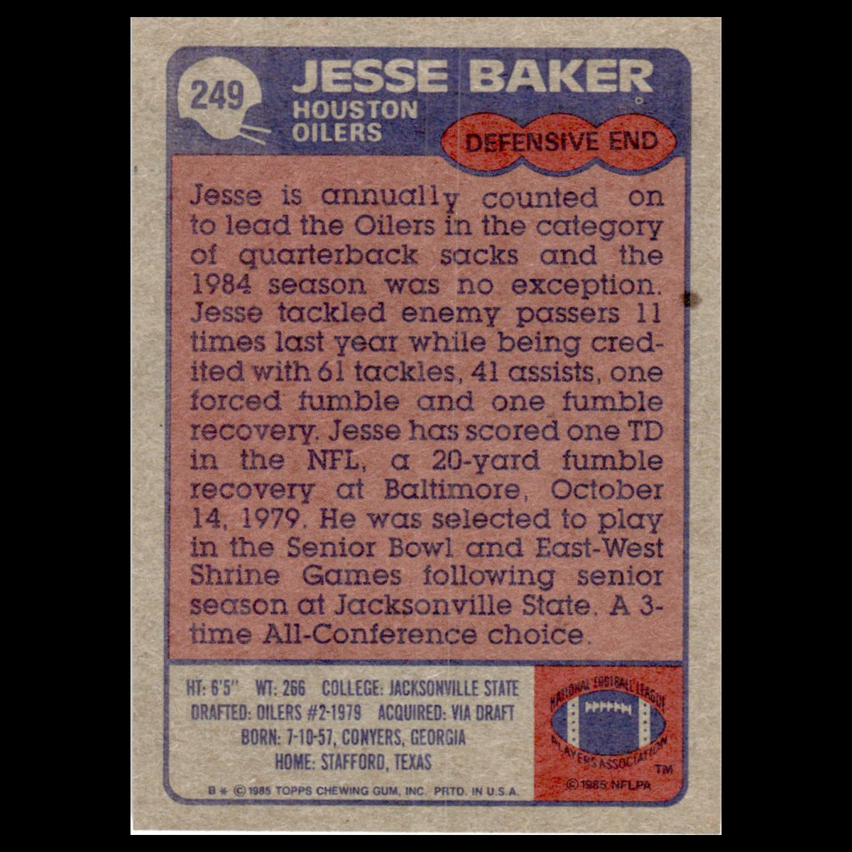 Jesse Baker #249 1985 Topps Houston Oilers Football Card NFL NM
