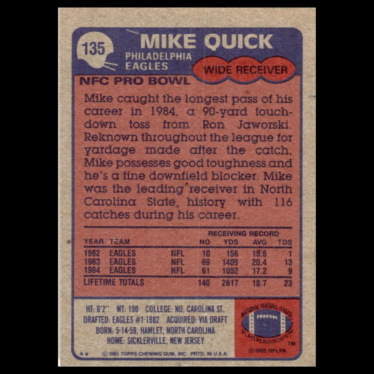 Mike Quick #135 1985 Topps Philadelphia Eagles Football Card NFL NM