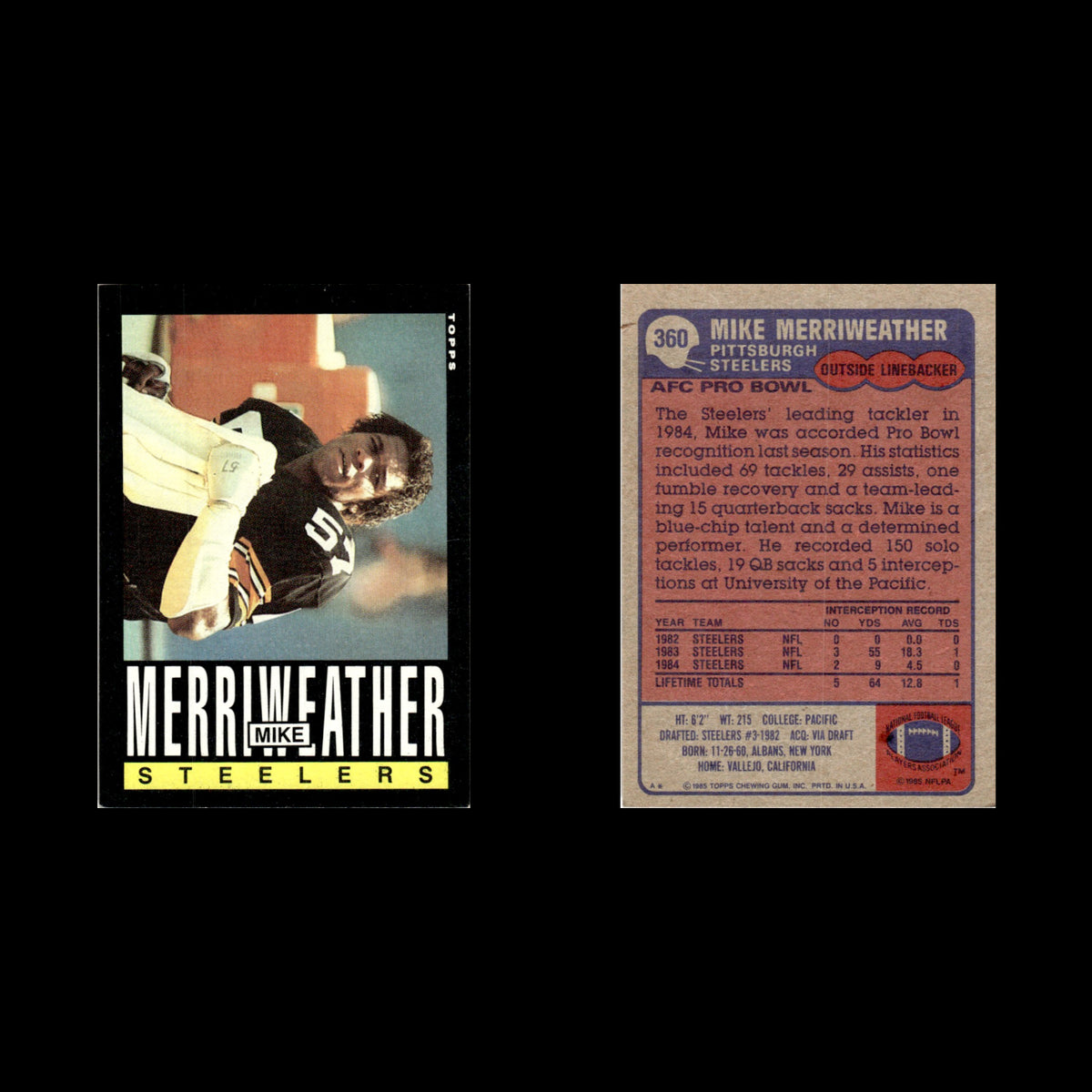 Mike Merriweather #360 1985 Topps Pittsburgh Steelers Football Card NFL NM